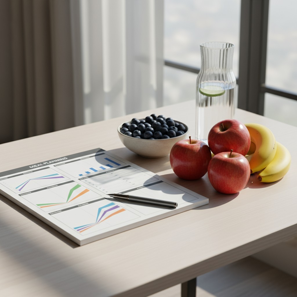 Vista di un tavolo da lavoro con menu e frutta, con un'ampia finestra sullo sfondo. Filmati volley su diverse siti web e r...